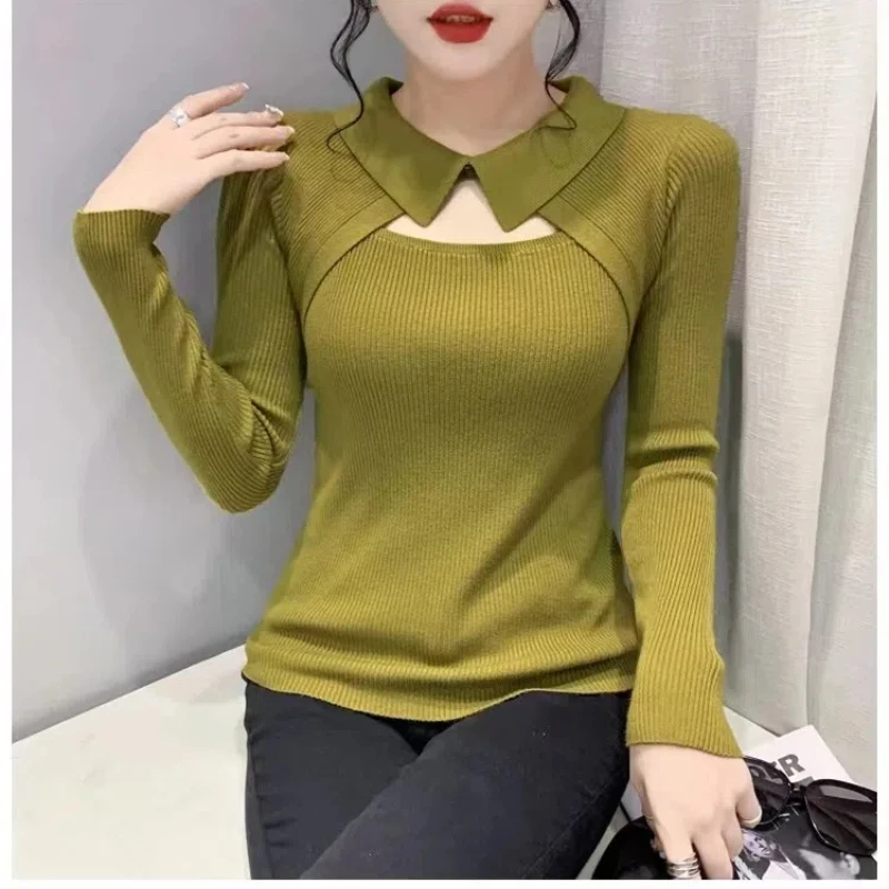 Korean Chic Autumn/Winter Sweaters Pullovers Women\'s Lapel Solid HollowTemperament Slim Long Sleeve Bottoming Shirt Knitted Tops