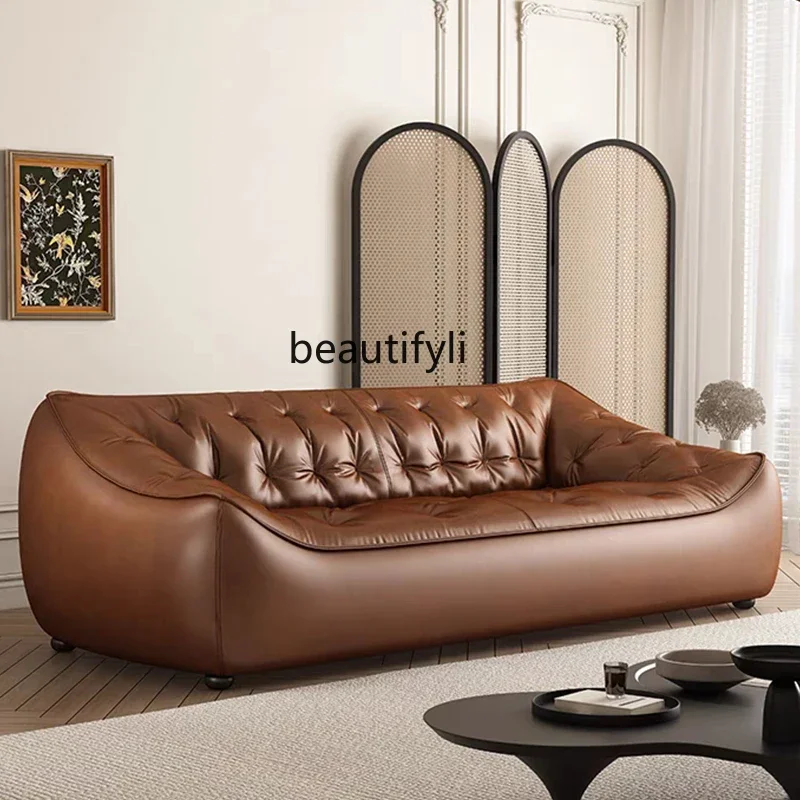 xzTofu block leather sofa modern retro living room oil wax leather art soft bag straight row sofa