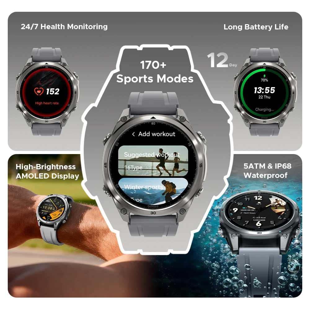 DOOGEE ANYWISE W1 Lite Smart Watch 5ATM Waterproof 1.43'' Screen 178 Sports Modes 24 Hours Health Monitoring Reminder Function
