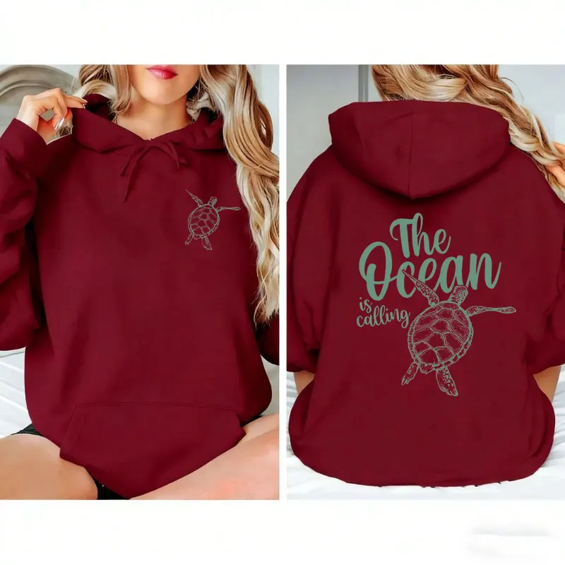 The Ocean is Calling Sweatshirt Minimalist Turtle Print For Turtle Lover Sea Turtles thermal Hoodie For Woman Eco Friendly Gifts