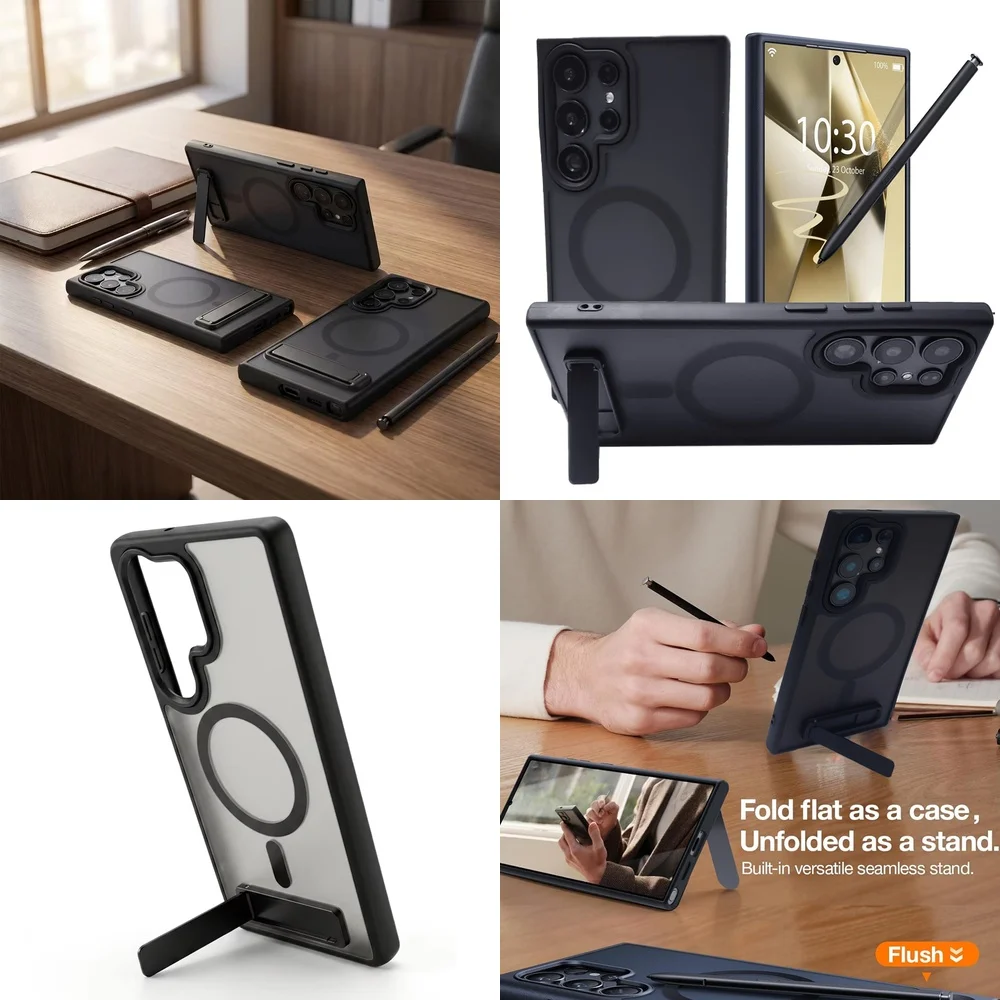 Magnetic Translucent Skin-friendly Bracket Case for Samsung Galaxy S22 Ultra S26 S25 S23 S24 Hard PC Rugged Business Cover
