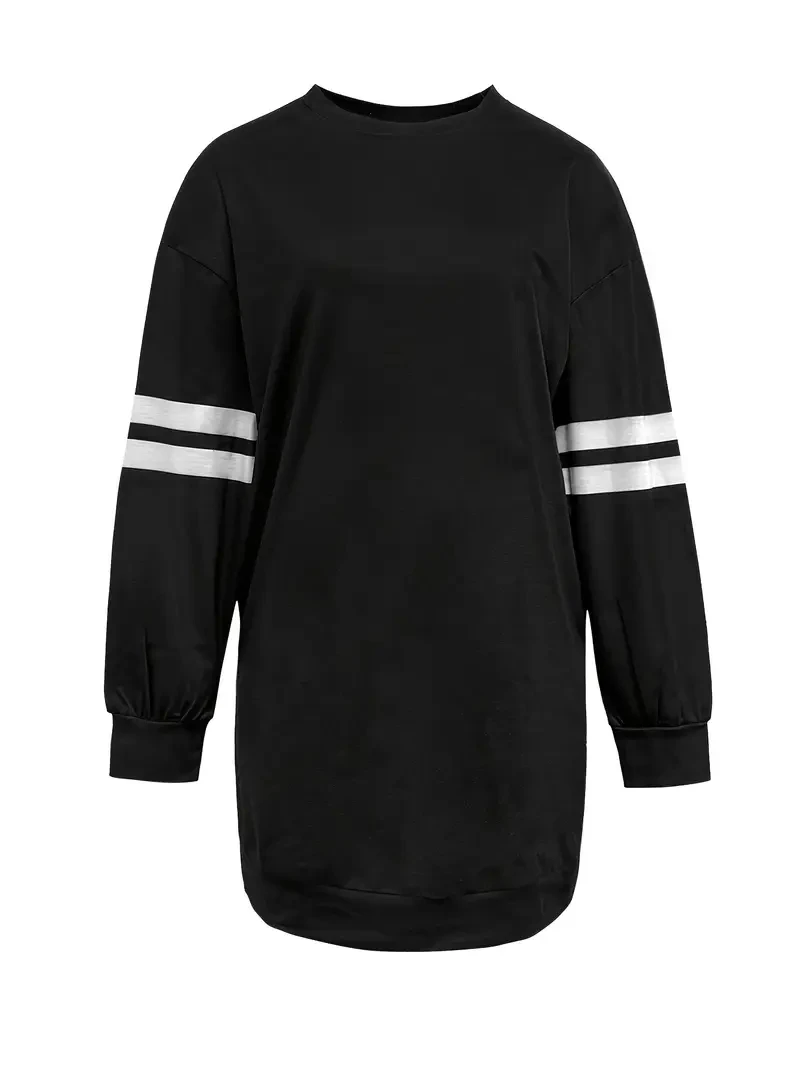 Women's Fashionable Solid Color Long-Sleeve Dress with Color-Blocking and Round Neck Design - Suitable for Daily Shopping, Dating, and Commuting