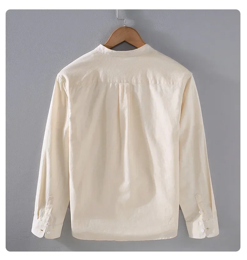 

Весенне-летняя хлопково-льняная рубашка с длинным рукавом, мужские повседневные рубашки, дышащая рубашка с верхним карманом, японская ретро-рубашка с воротником-стойкой, мужская рубашка