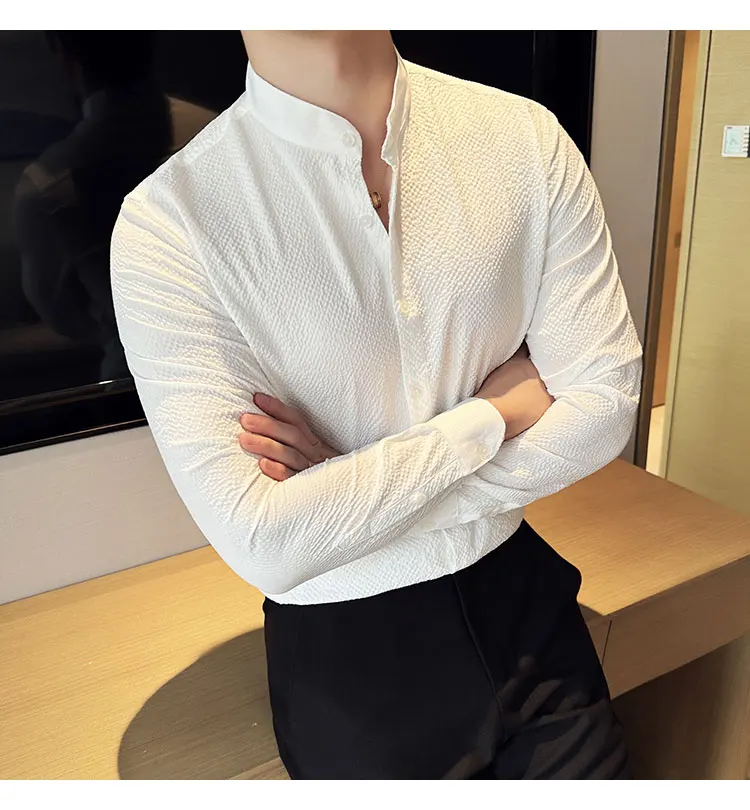 New Chinese Style Stand Collar Long Sleeve Shirt Men's Clothing 4xl Blouse High Quality Stretch Buersucker Shirt Green Tops 2025