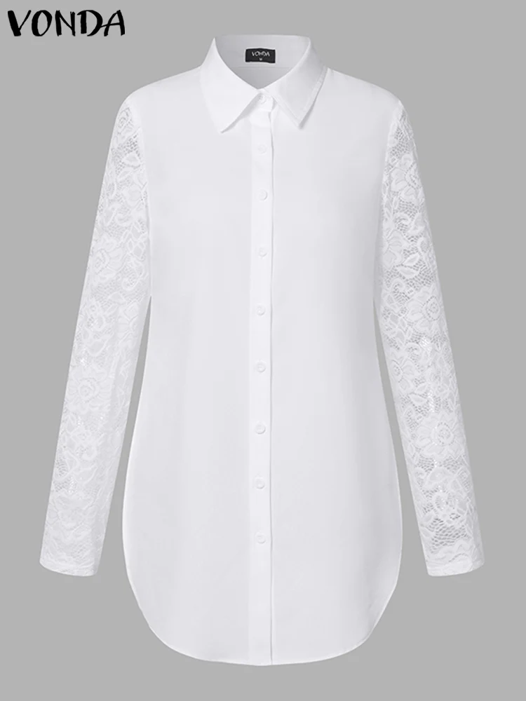 VONDA-Camisa de manga larga de encaje para mujer, blusa asimétrica elegante para oficina, informal, con solapa, color liso, para otoño, 2023