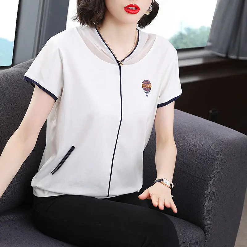 

Women's Summer New Fashionable Commute Hooded Printed Spliced Zipper Loose Short Sleeve Pure Cotton Casual T-shirts Coats Tops