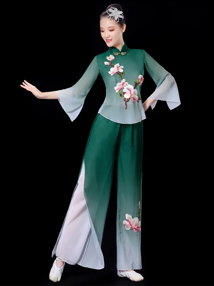 Trajes nacionales de danza tradicional china Folk Yangko, ropa Hanfu, baile de abanico de paraguas, baile clásico elegante, actuación