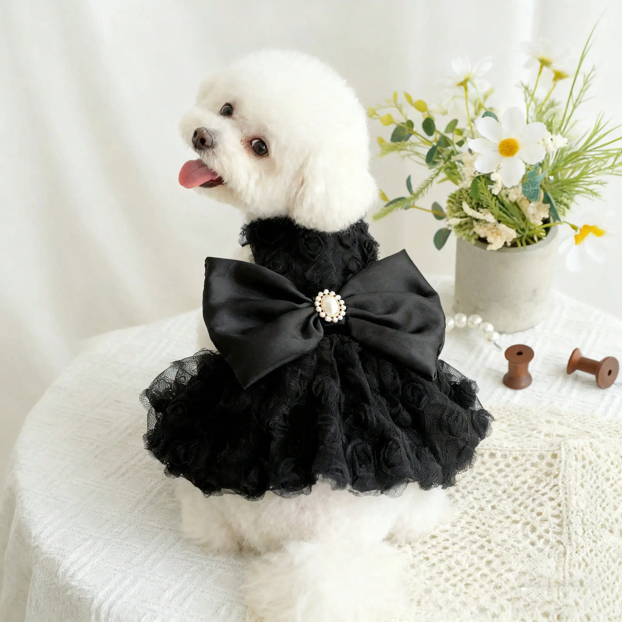 

Black Pink White 3D Rose Pet Harness Tutu Skirt Wedding Bridesmaid Costume