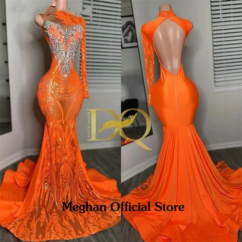Luxury Orange Mermaid Prom Dresses Party Vestidos One Shoulder Sparkly Crystal Diamonds Evening Gown Gala Vestidos