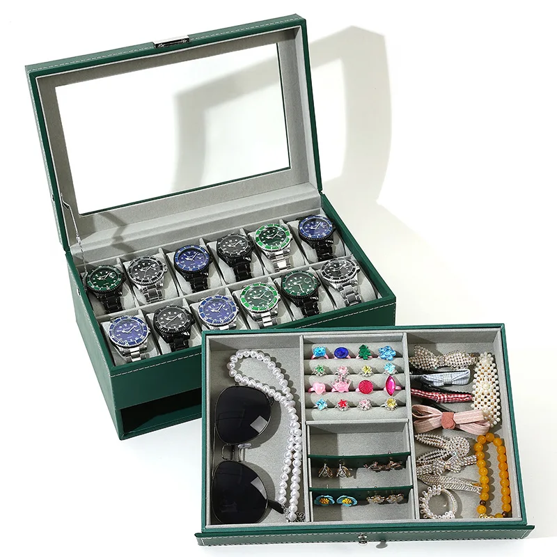 New 12 Slot Leather Watch Organizer Box Rings Bracelets Necklack Watch Storage Case Double Layer Jewelry Organizer Box Gifts