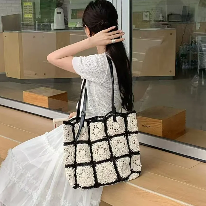 

FIRMRANCH 2026 Summer Beach Bag Black White Checkerboard Retro Parquet Weave Large Capacity Wax Rope Crochet Shoulder Tote