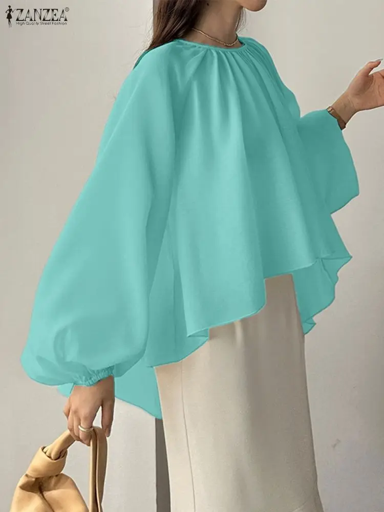 

ZANZEA 2022, осенние женские длинные асимметричные топы, однотонная блузка с длинными рукавами-фонариками, модные повседневные элегантные офисные женские рубашки Blusa