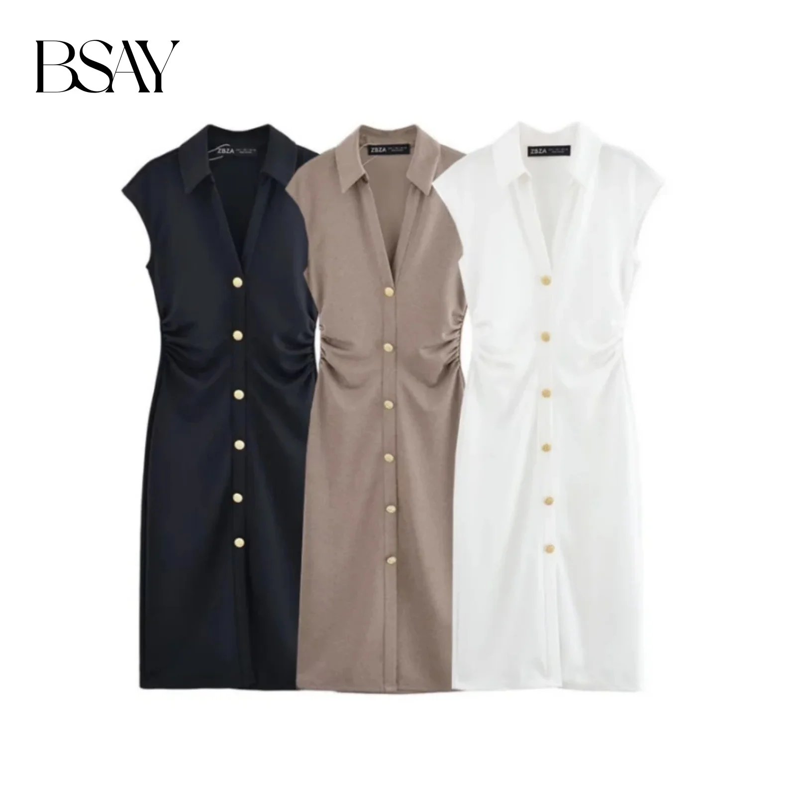 BSAY Abito da donna Moda Estate Nuovo piega senza maniche scollo a V monopetto Abiti longuette Abiti da sera femminili chic francesi