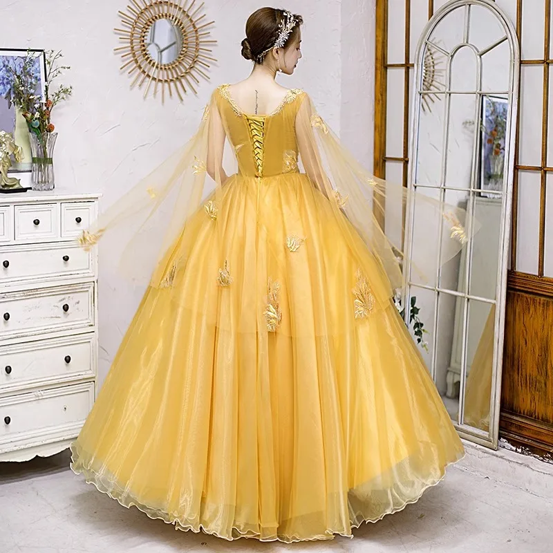 Gold Yellow Lace Appliques Tulle Quinceanera Dresses 2024 V Neck Prom Evening Party Gown Sleeve robes 15 Years