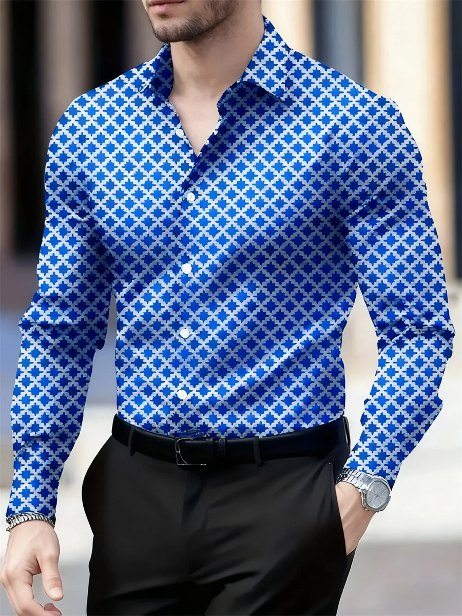 14 colors men's long sleeve high-definition geometric plaid pattern shirt casual party business breathable lapel men's tops