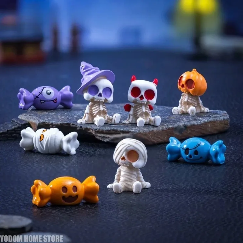 8pc Miniature Resin Craft Skeleton Pumpkin Devil Skull Figurines Halloween Ornaments Fairy Garden Decor DIY Accessory Set