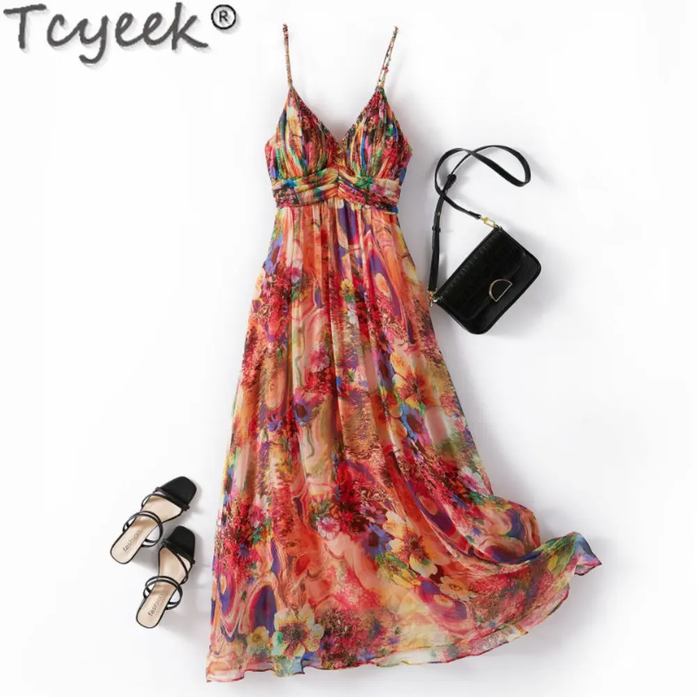 

100% Tcyeek Mulberry Real Silk Dresses for Women Summer New Bohemian Long Slip Beach Dress Holiday Clothes Vestido Feminino Cjk