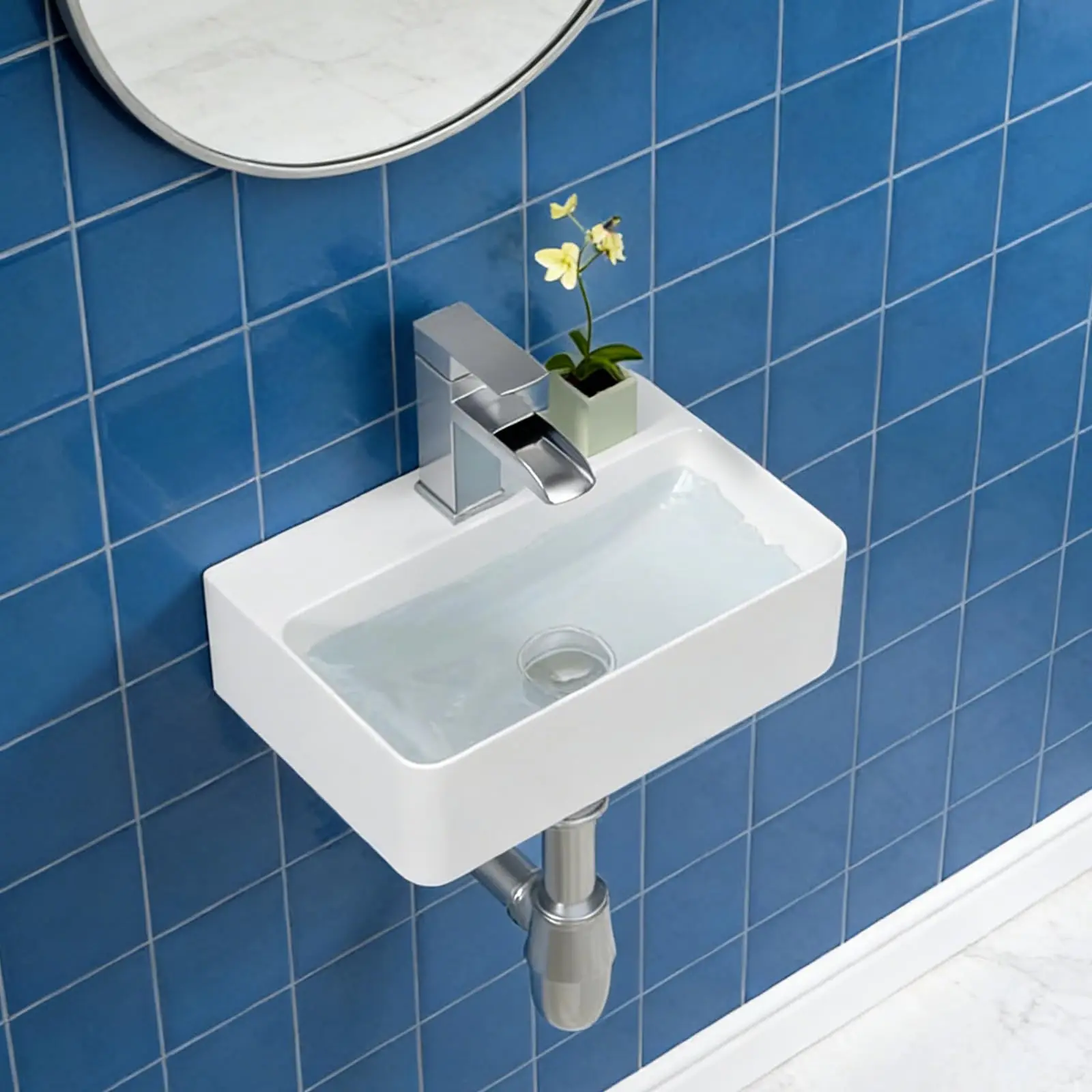

Semi Recessed Rectangular Ceramic Bathroom Sink 19x12 Inch Modern White Vanity Basin