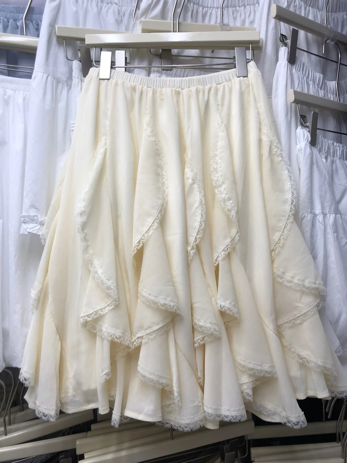 High Waist Asymmetrical Lace Splicing Midi Skirt Women's Spring Summer New Style Floating Petal Skirt Cake Skirt Loose Fit