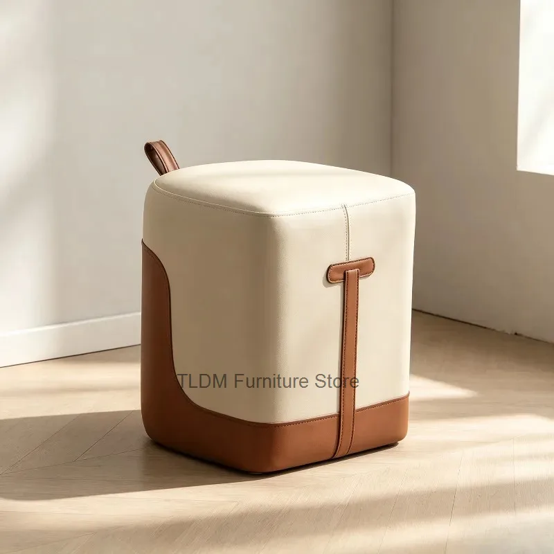 Retro Leather Cube Stool Portable Carry Handle High Density Foam Padded Foot Stool Hallway Shoe Seat Leisure Accent Ottoman