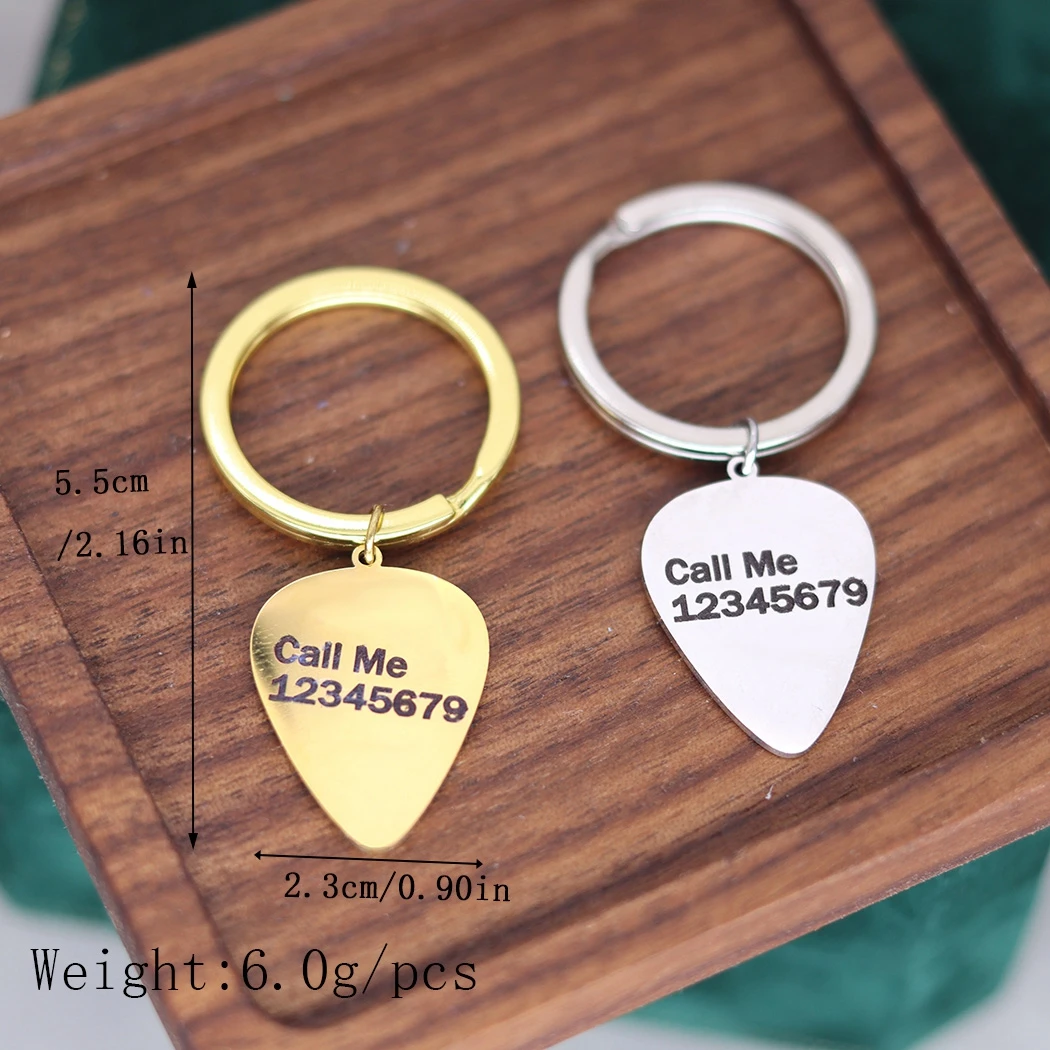 Stainless Steel Custom ID Phone Tag Engraved Guitar Pick Key Chain Musician Music-Lover Gifts for Men and Women