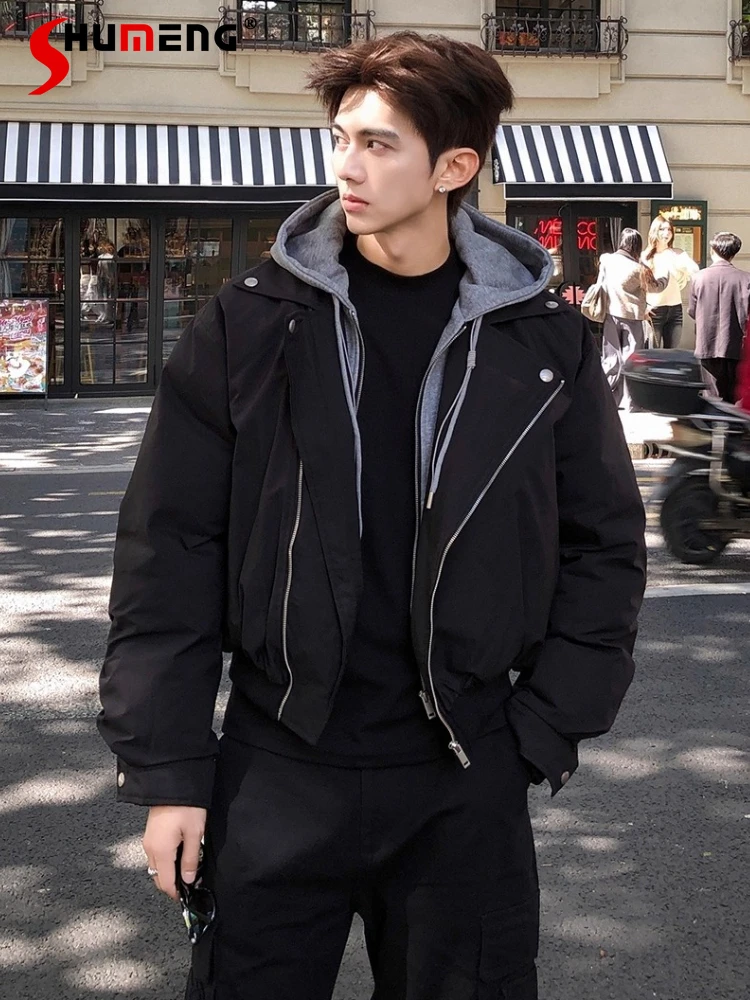 

Men's 2025 Winter New Faux Two-Piece Hooded Thickened Warm Parkas Loose Tooling Jacket Coats Male Long Sleeve Handsome Parkas