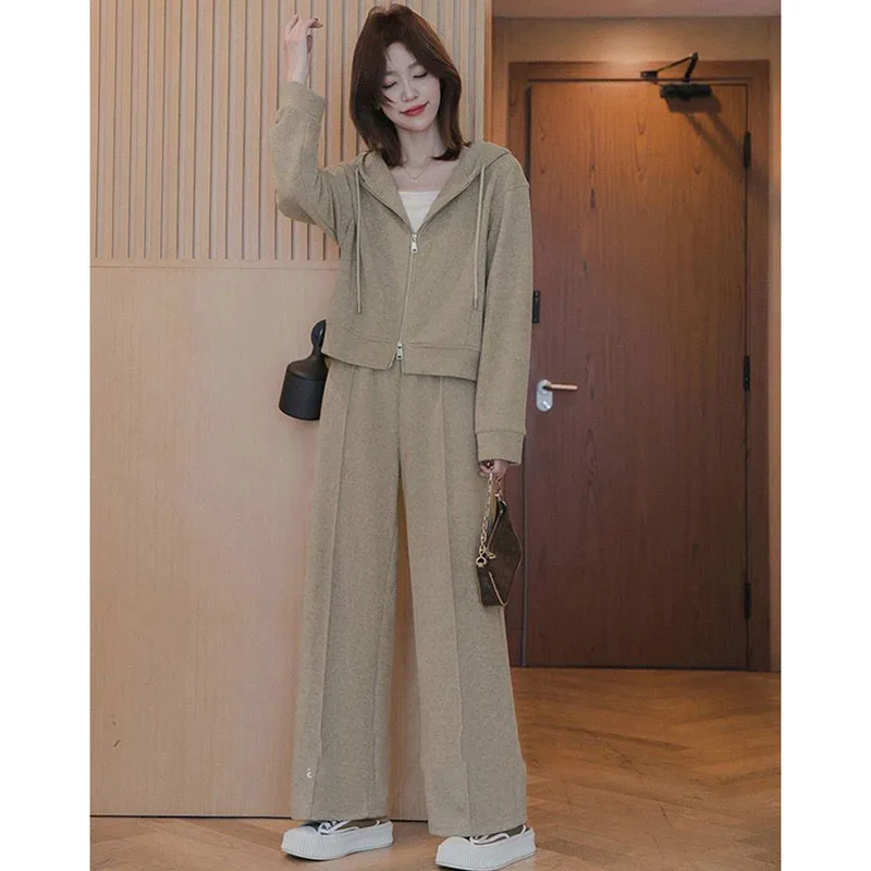 Korean Ladies Fashion Leisure Hooded Two-piece Suit Spring Autumn Women Long Sleeve 2PCS 2025 Female Cardigan Tops Pants Outfit