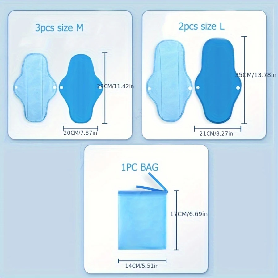 6-Pack Reusable Cloth Menstrual Pads, Strong Absorption, Breathable Snap-in Feminine Care Liners, Unscented with Travel Pouch