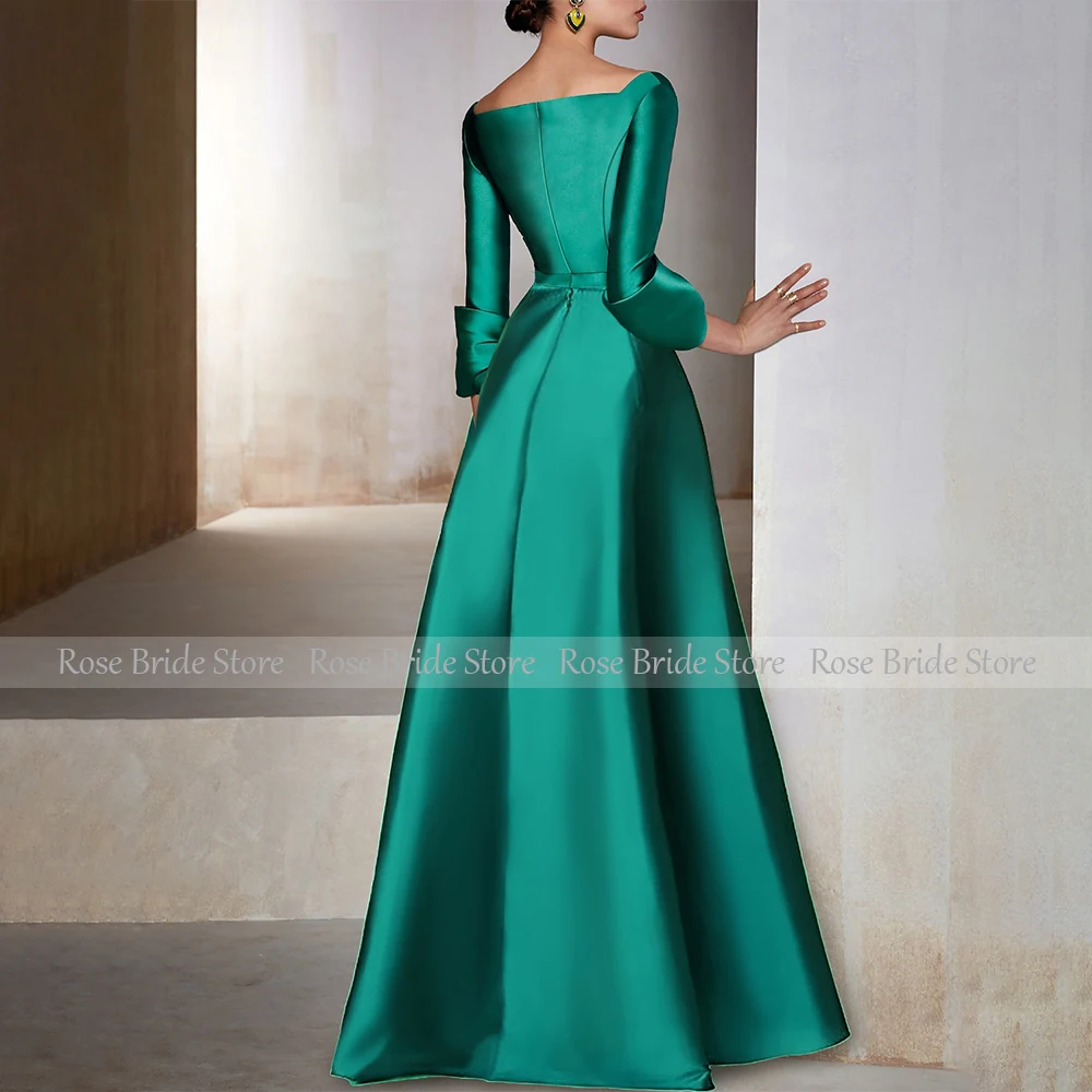 Emerald Green Satin Formal Dresses for Women 3/4 Sleeves A Line Elegant Evening Gowns Long Side Split V Neck Belt Evening Dress