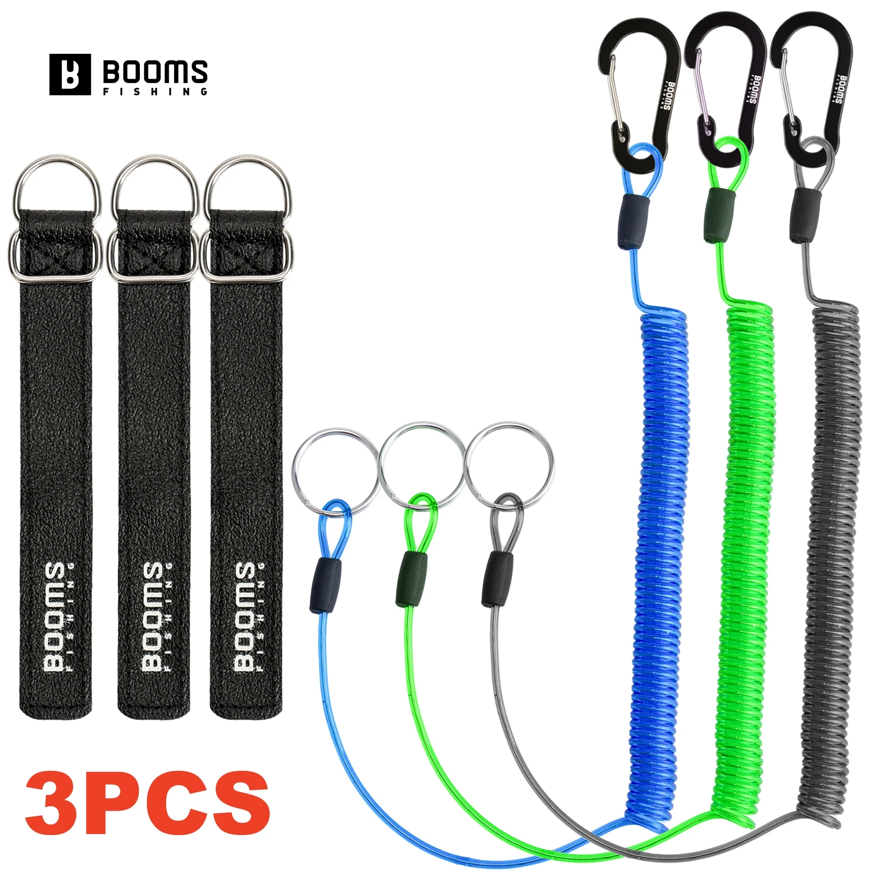 Booms Fishing 3pcs 2M Fishing Coiled Lanyards con Rod Tie Beltb Fishing Lanyard para la navegación por vías con herramientas de camping Carabiner