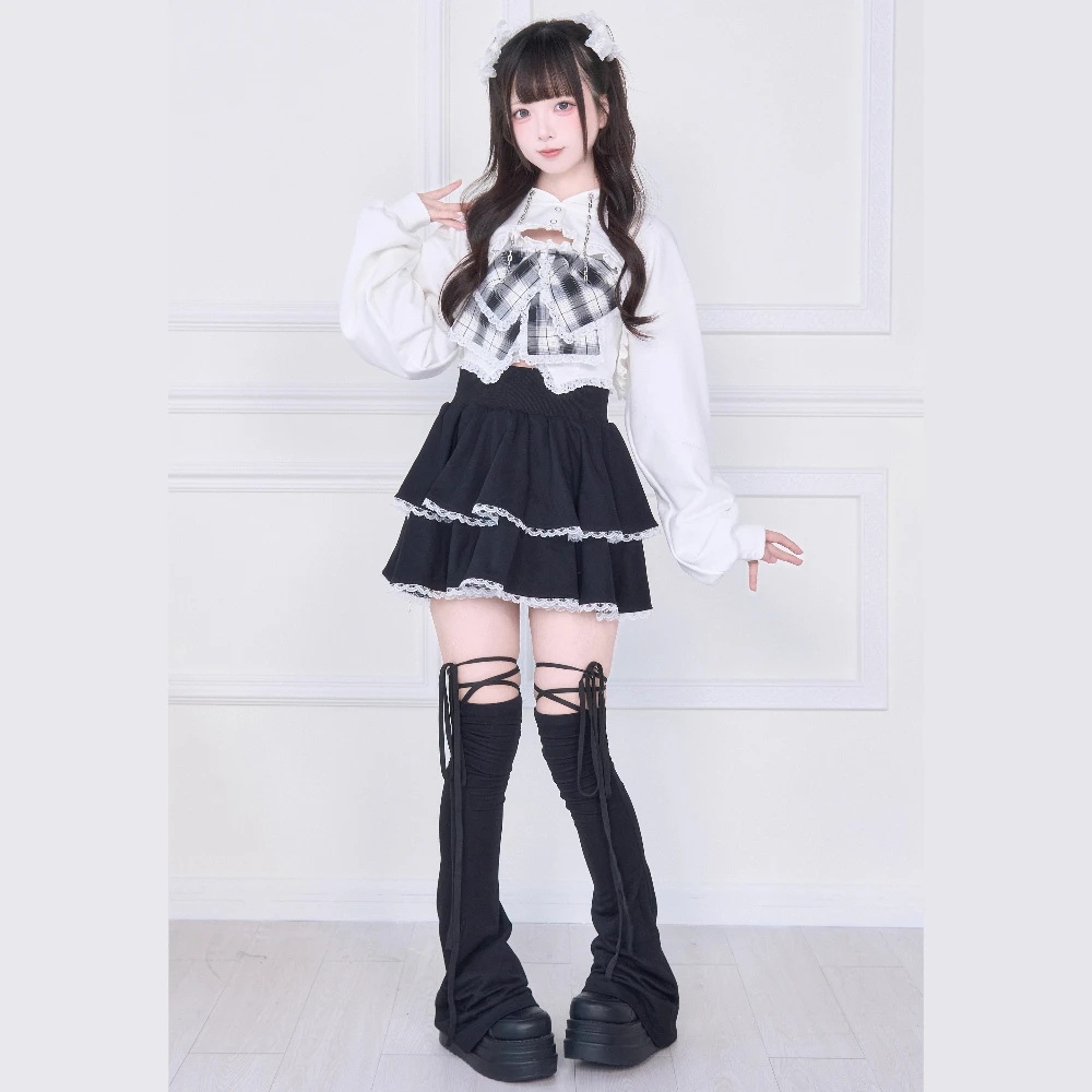 الأصلي اليابانية قداس الإنتاج ثقافة فرعية مقنعين طويلة الأكمام قصيرة البلوز القوس منقوشة تانك القمم قطعتين مجموعة للنساء الخريف