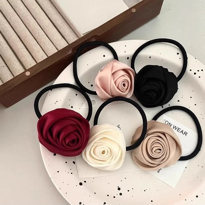 The New Summer French Satin Rose Hair Band With Ponytail Hair Tie Temperament Sweet Retro Women\'s Leather Band Hair Accessories