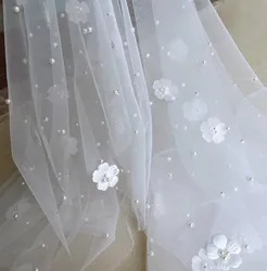Off White Soft Tulle Mesh Netting Fabric with Pearls Petals Elegant 2D Appliqued Beading Lace Sewing Accessory Width 150CM