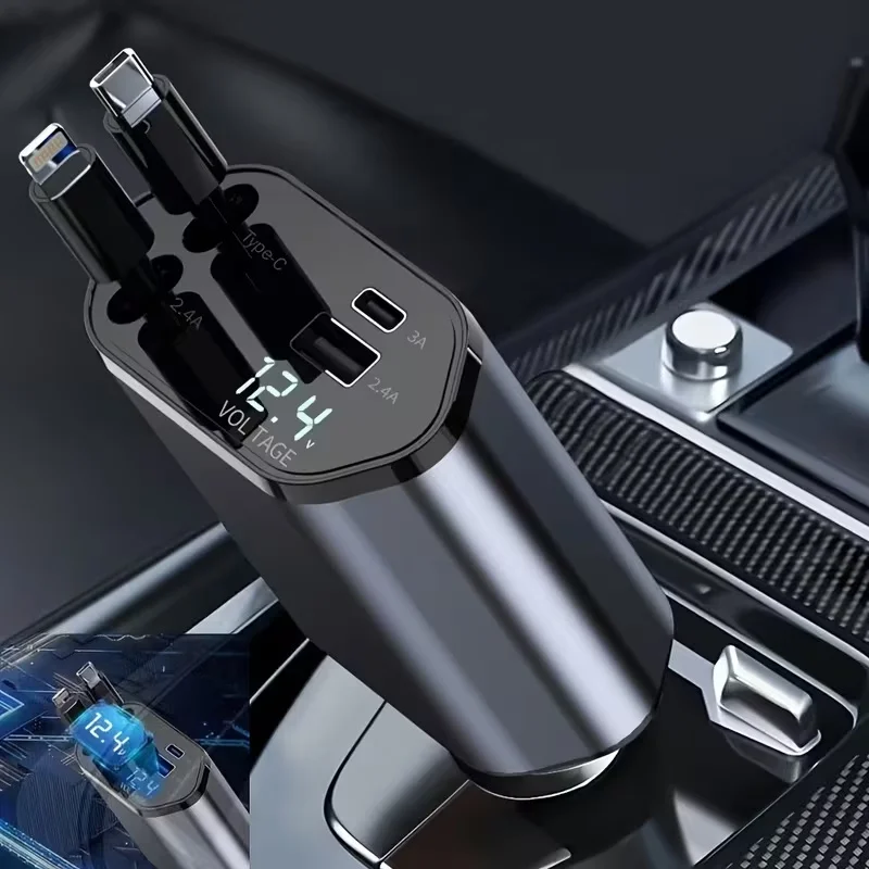 120W Fast Car Charger, 120W Super Fast Charging, Equipped with a Retractable Usb-C Data Cable, 4-in-1 Multi-Port Phone Adapter, Compatible with iPhone 17, 16, 15 and Android Type-C Devices, Is a Must-Have Travel Car Accessory.