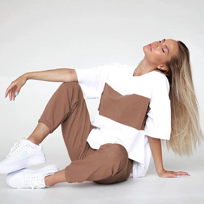 Women's Casual Suit New Fashion Loose Color Contrast Round Neck Short-sleeved T-shirt Sports Pants 2 Pieces Ropa Mujer Juvenil