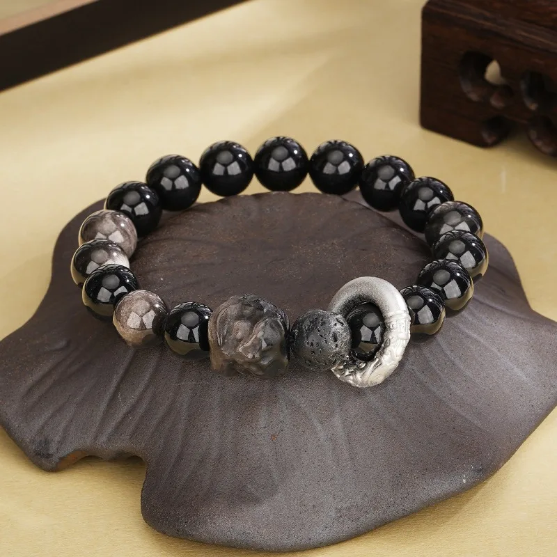 

TIMESWIND Natural Obsidian Black Beaded Lion Dance S925 Silver Safety Buckle Men Bracelet