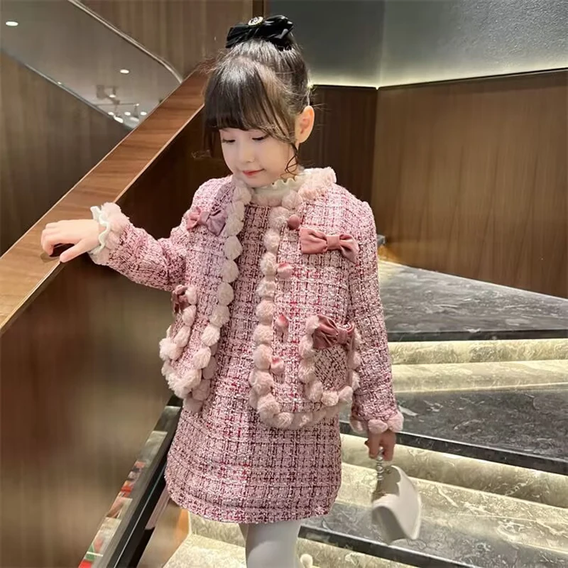 Sweet Velvet Bowknot Princess Tweed Suit Xmas Little Girls Pink Dress with Coat High Quality Children Birthday Outfits 1-8Years