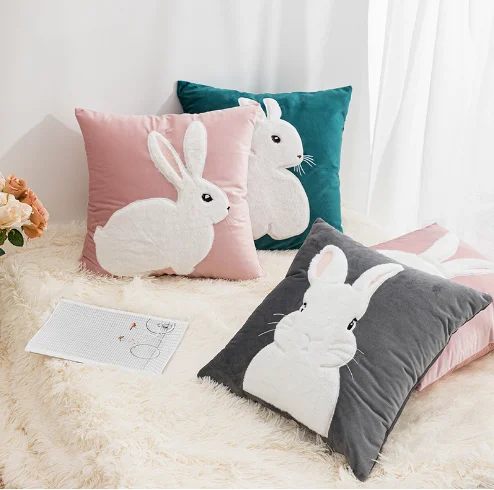 Cute Pink Cute Rabbit Embroidered Pillow Cover Hotel Homestay Sofa Bedroom Bedhead Car Cushion Cover