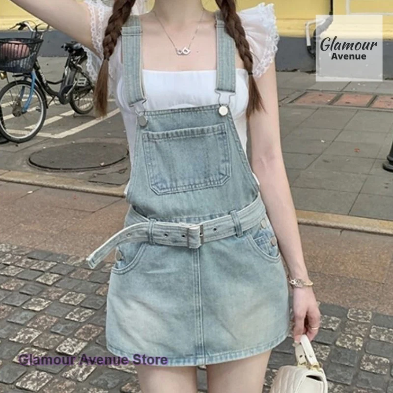

Korean-style sweet and age-reducing denim strap skirt pants women's summer new small waist slimming bag hip skirt spice dress