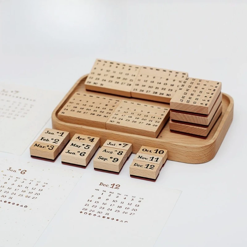 Vintage Wooden Stamp Perpetual Calendar Date Recording Ledger Decorative Stickers Diary Ink Paste Office&School Supplies