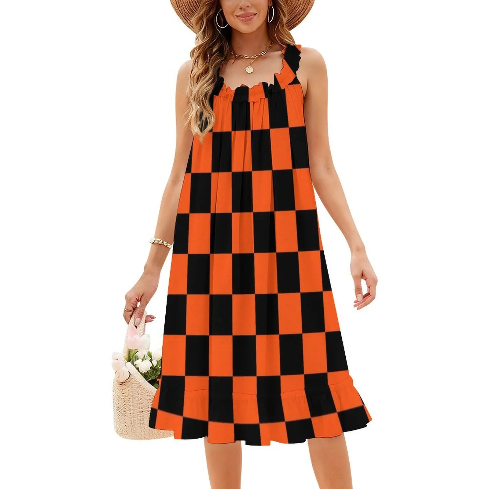 فستان سموك باللونين الأسود والبرتقالي بنمط الشطرنج للنساء للربيع والصيف فستان كاجوال للحفلات باللون الأسود والبرتقالي والأسود