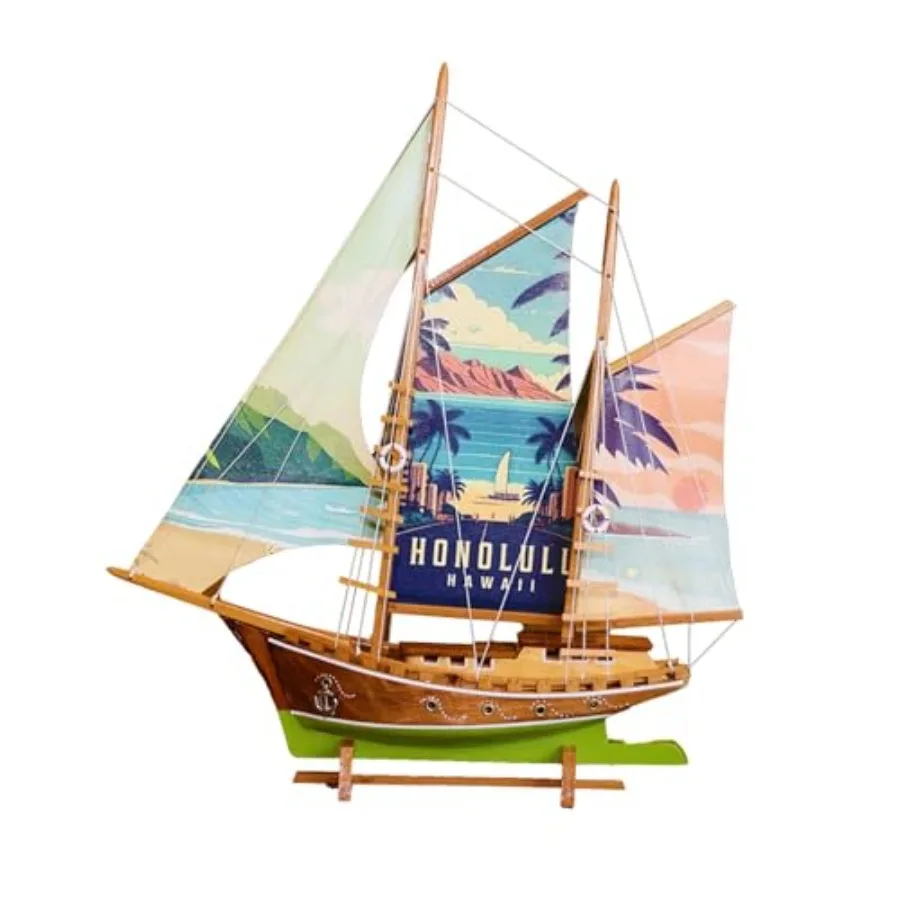 

Handmade Honolulu printed fabric sailing yacht ship model in wood, navy blue and white, nautical home decor and gifts for marit