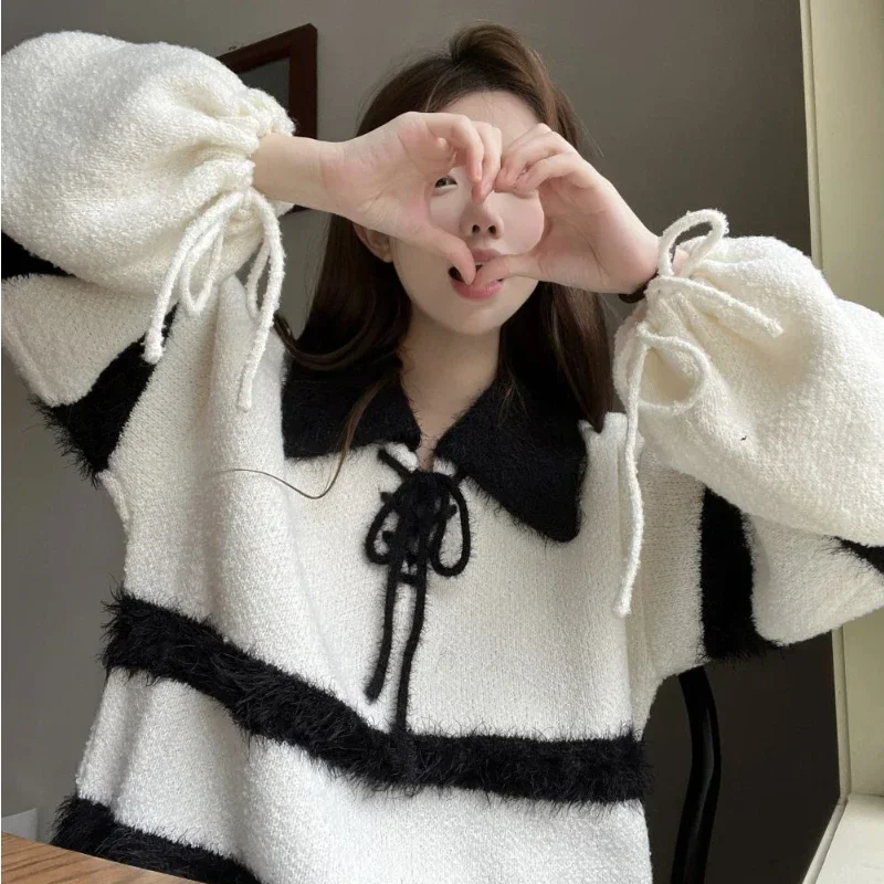 

Cute Sweet Pullover Sweater Women Autumn and Winter New Lapel Lace-up Lantern Sleeve Color Collision Lazy Pullovers Female