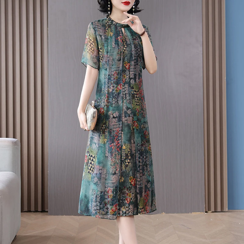 2023 New Fashion Silk Printed Mulberry Silk Dress Summer Retro Large Loose Fit Casual Holiday Knee Length Dress Vestidos