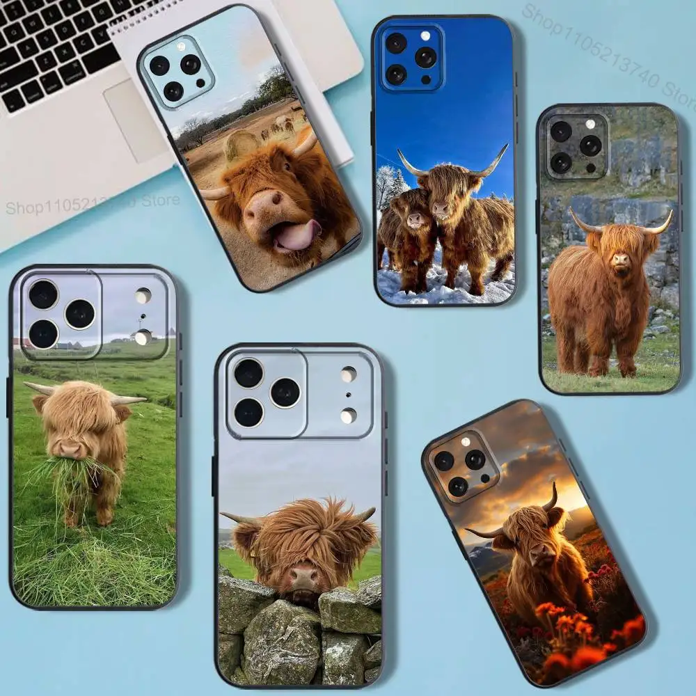 C-Cow FurryS H-HighlandS Funda de teléfono para iPhone 11,12,15,16,17,13,14,Pro,Max,Plus,E,Mini,Air,SE4 Caja blanda negra