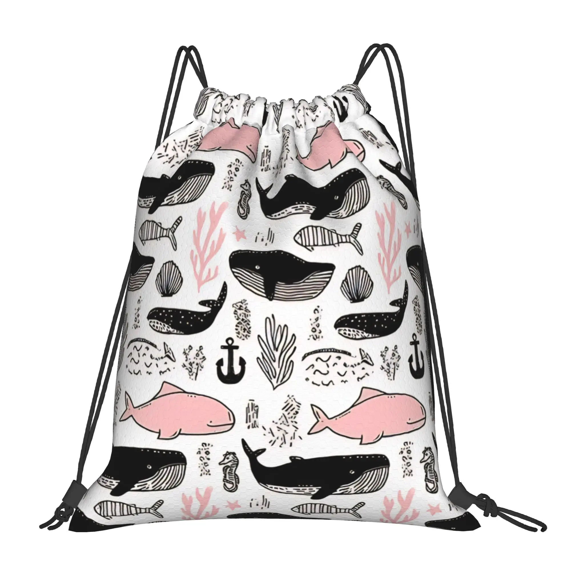Pink Whales Black and White Portable Hiking Riding Gym Drawstring Storage Sporty Backpacks