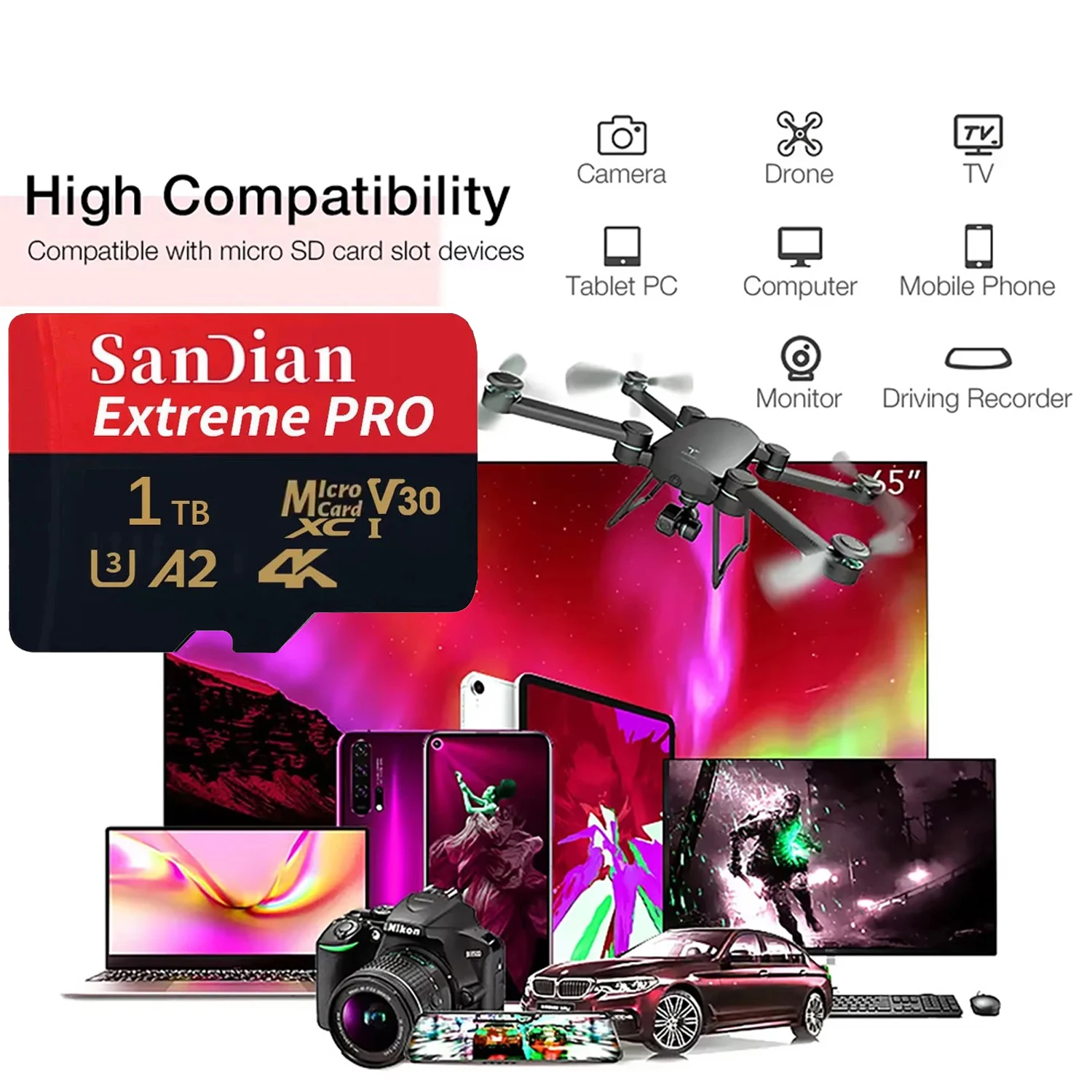 1TB Original High Speed Storge SD Card Class 10 U3 V30 Micro SD Card Waterproof Memory Card for Phone Drone Camera MP3 Player