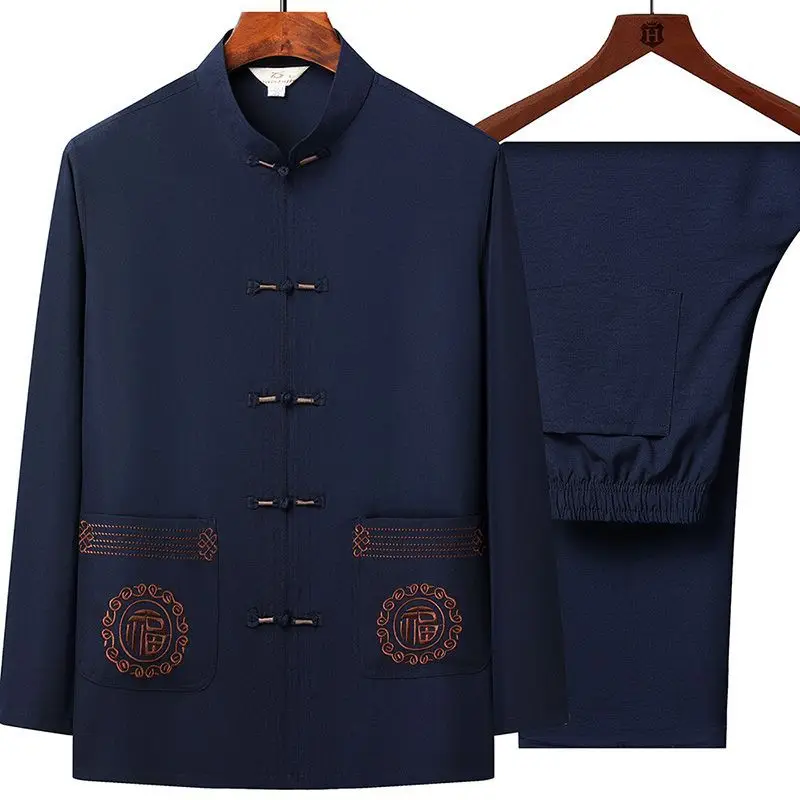 خمر قميص طويل الأكمام السراويل دعوى للرجال في منتصف العمر المسنين عارضة المشهد Hanfu الملابس الكونغ فو الصينية التقليدية #6