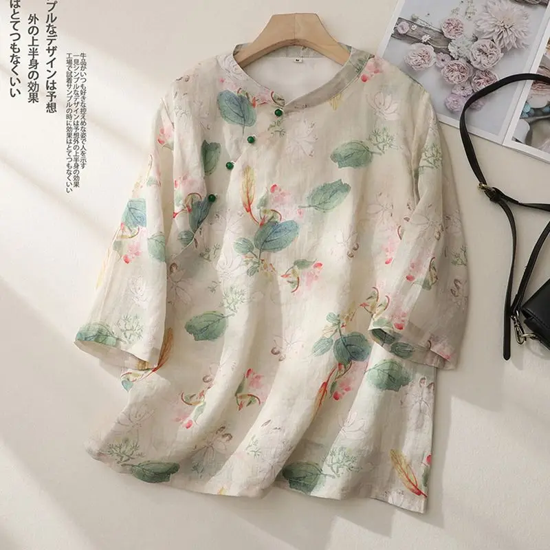 

Linen Women's Vintage High-End Buttoned Print Shirt Summer
