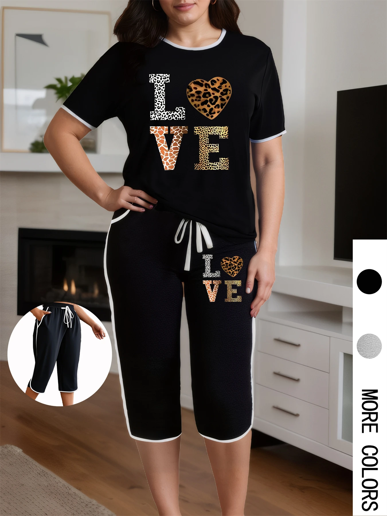 

Plus Size Women 2 Piece Set Short Sleeve T-shirt Capri Pants Summer LOVE Print Oversize Elegant Two Piece Outfits for Women